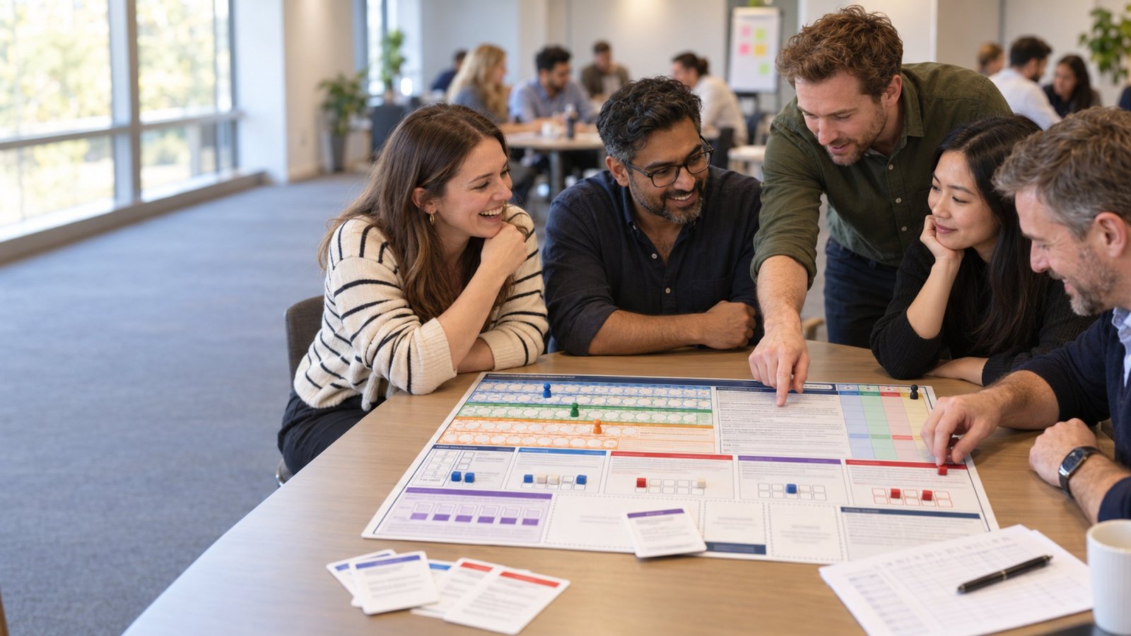 A team of five colleagues around a board-based business game at a kick-off, one pointing at the board and another placing a piece